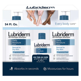Lubriderm bottles on bathroom shelf in lifestyle setting conveying daily convenience benefit