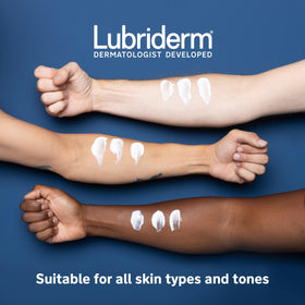 Lubriderm placed on a bathroom shelf suggesting everyday routine convenience
