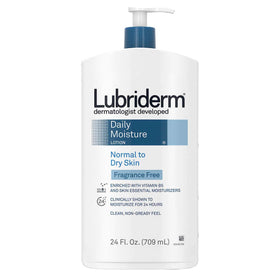 Lubriderm lotion poured on hand demonstrating spreadability and fast absorption benefit