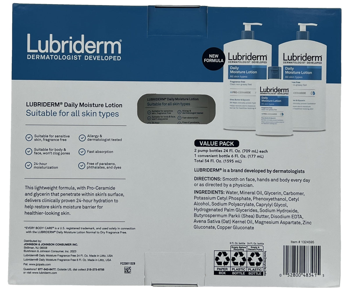 Lubriderm pump top close-up showing pump detail and smooth lotion texture for quick use