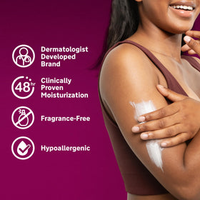 Lubriderm size comparison in hand illustrating 24 fl oz value and lasting supply
