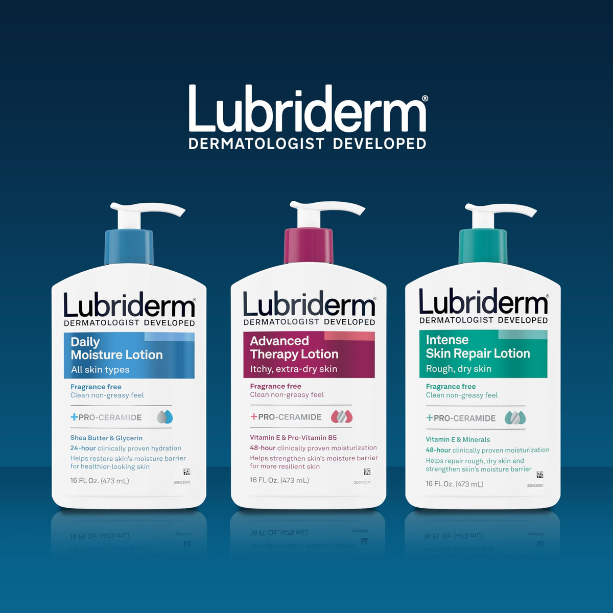 Lubriderm bottle beside common items showing scale and generous 24 fl oz size