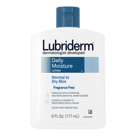 Lubriderm bottles next to everyday items showing size and travel-friendly portability benefit