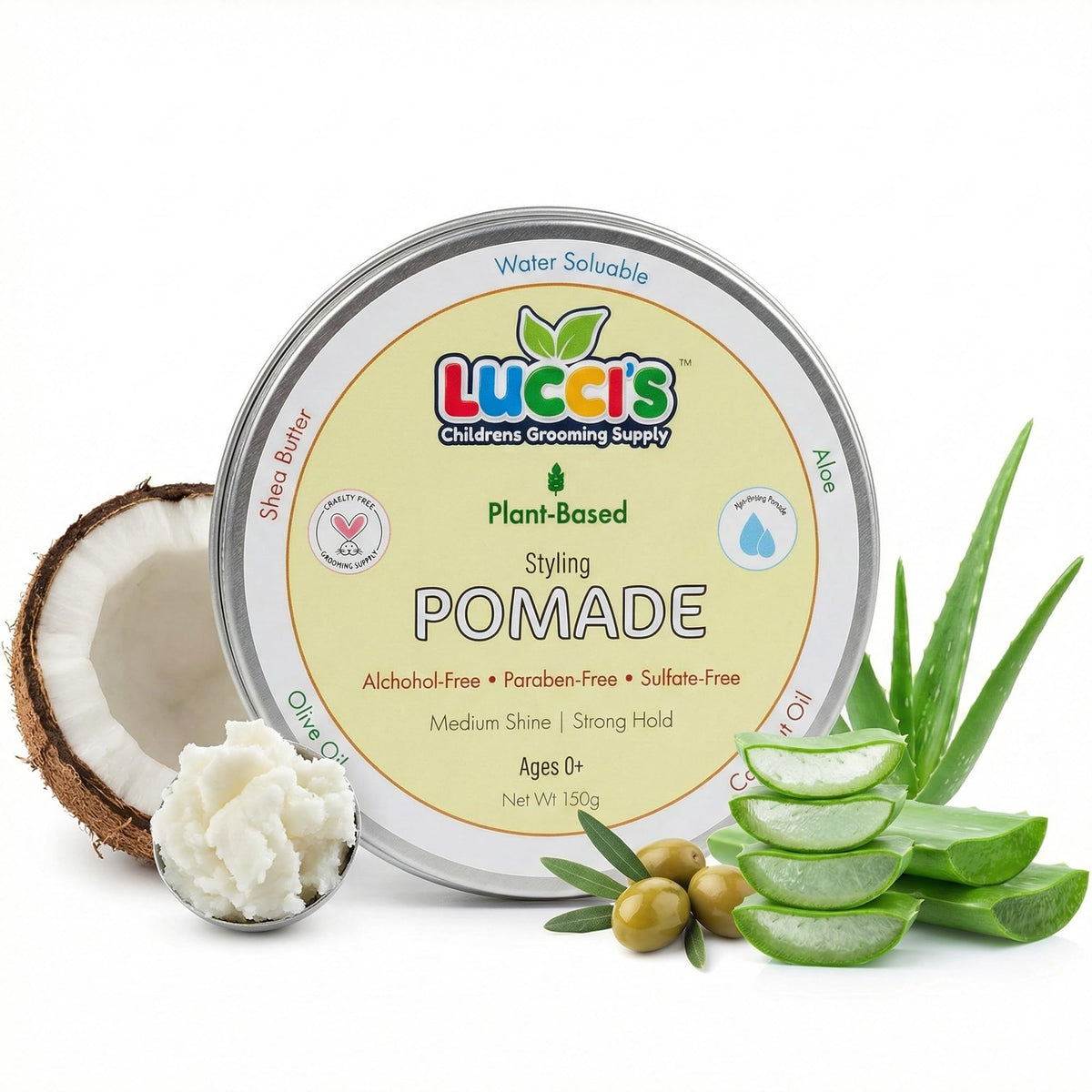 LUCCI’S CHILDRENS GROOMING SUPPLY front packaging showing 5oz jar and branding benefit natural styling