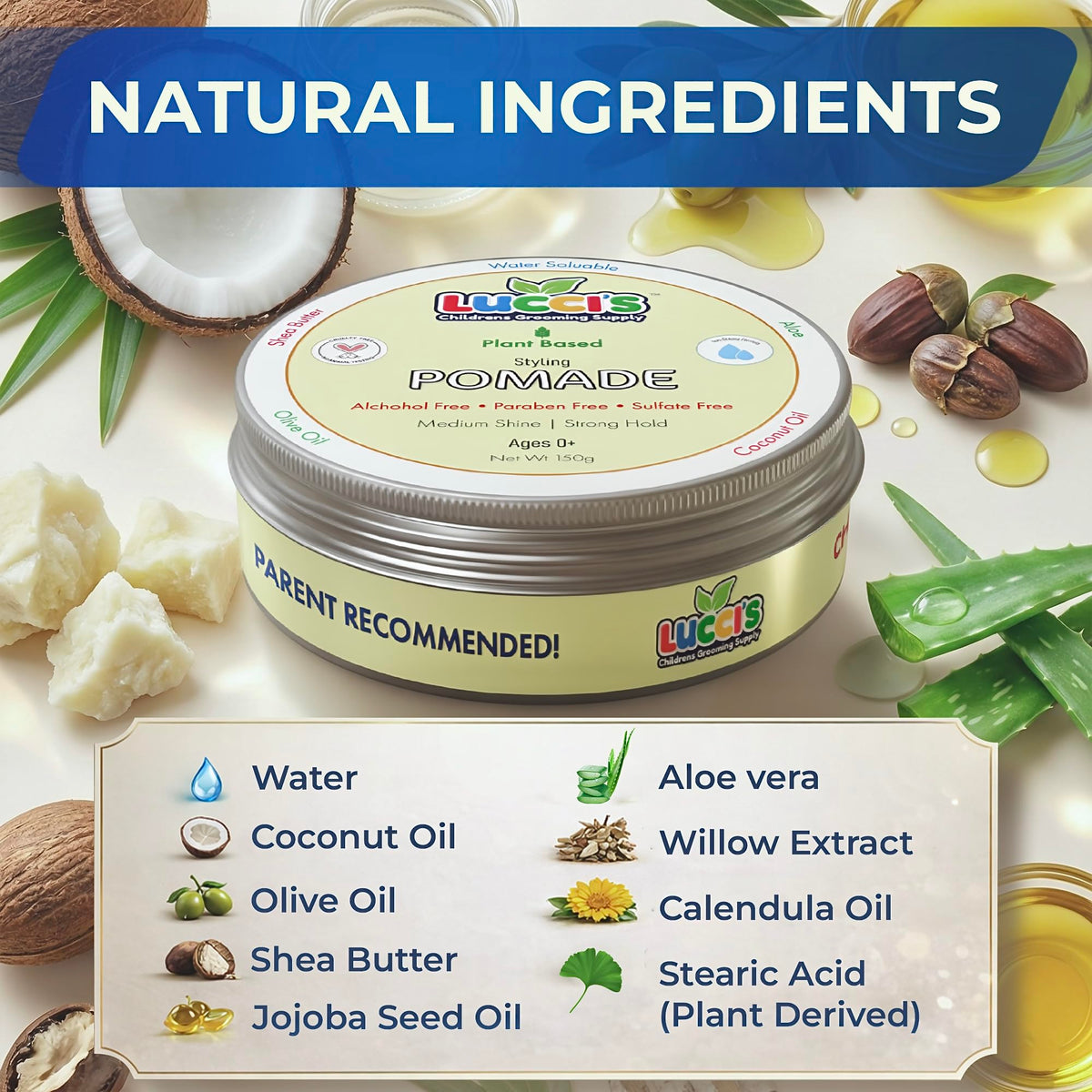 LUCCI’S CHILDRENS GROOMING SUPPLY ingredient close-up with shea butter and oils highlighting nourishing formula