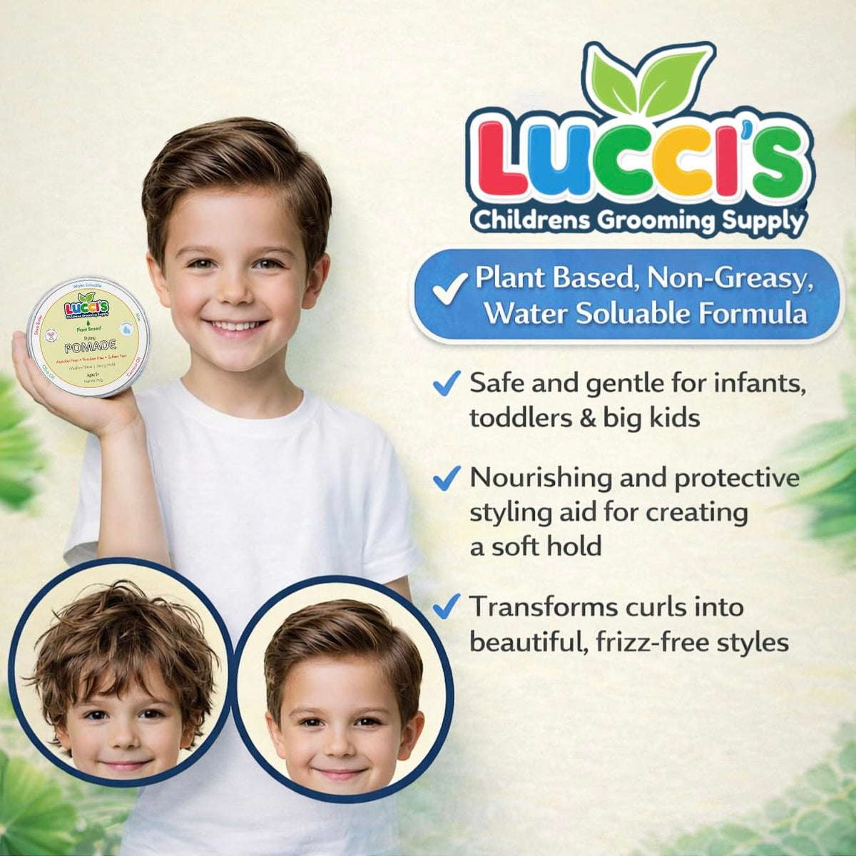 LUCCI’S CHILDRENS GROOMING SUPPLY open jar texture close-up showing creamy plant-based paste for gentle hold