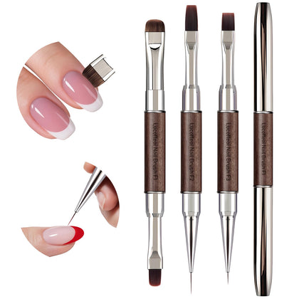 Lucoffeoi front packaging showing three dual-end nail brushes and caps for organized storage
