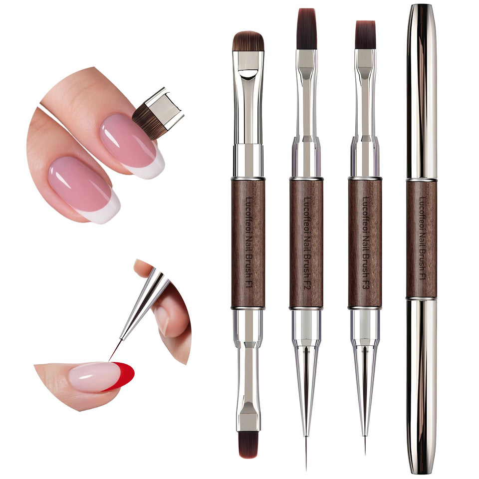 Lucoffeoi front packaging showing three dual-end nail brushes and caps for organized storage