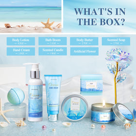 LUCOTIYA gift box open flat lay showing full seven-piece spa contents