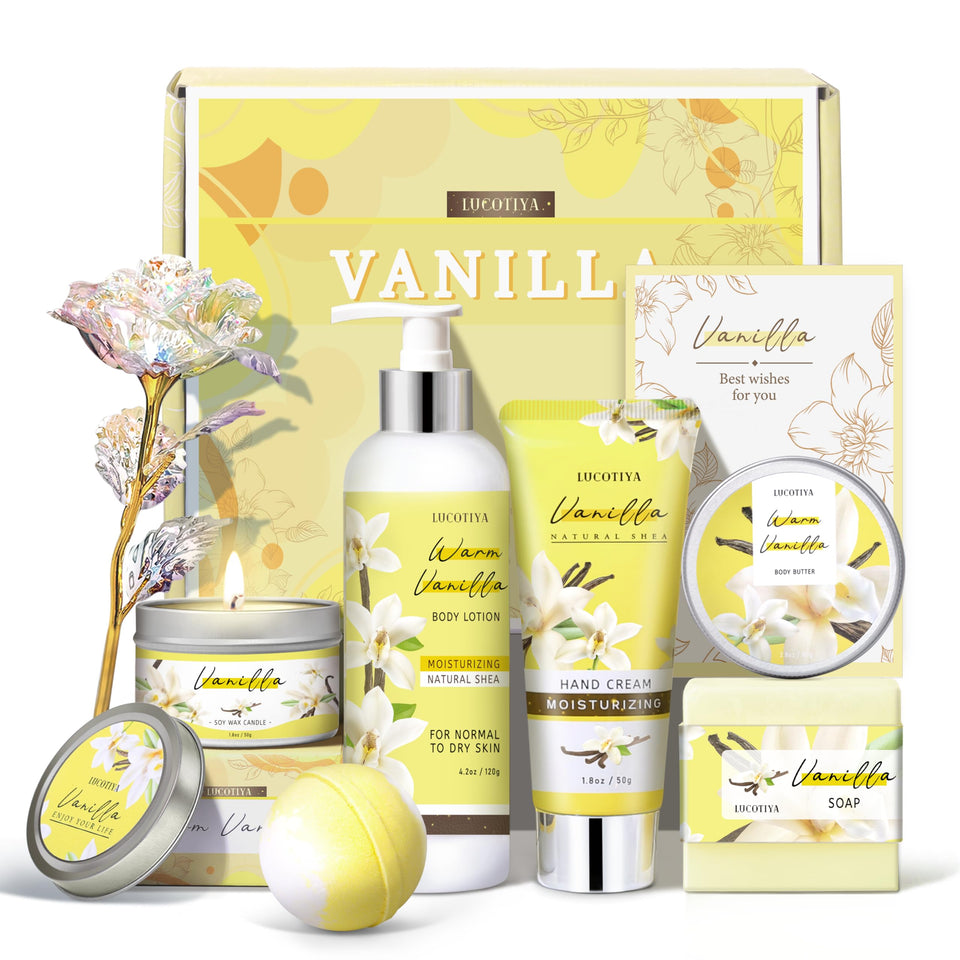 LUCOTIYA front packaging showing complete vanilla spa set and easy gifting