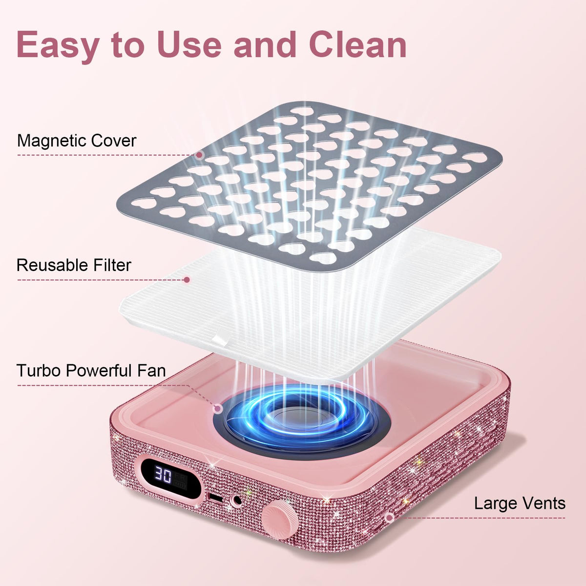 Ludysic top filter access detail with metal cover for easy cleaning and protection