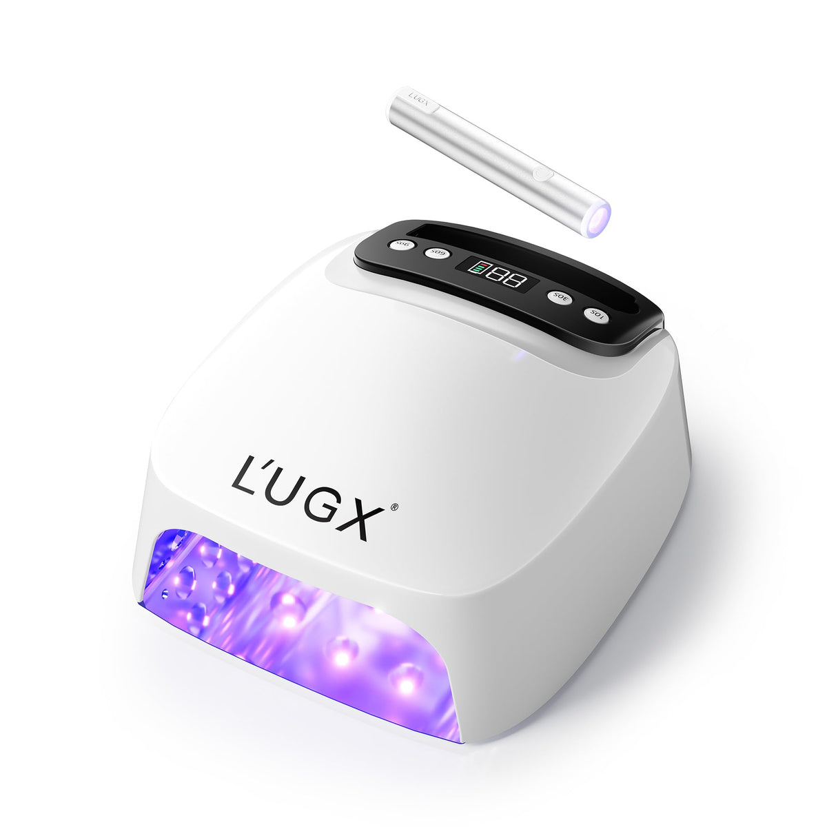 L'UGX front view of countertop lamp showing spacious curing area and quick benefits