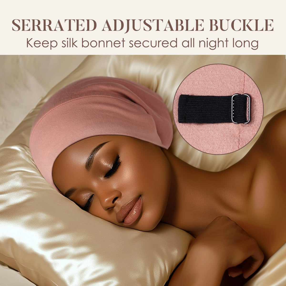 LULUSILK bonnet worn by model showing comfortable sleep fit