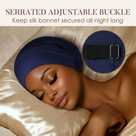LULUSILK navy bonnet worn on model showing comfortable profile and hair protection