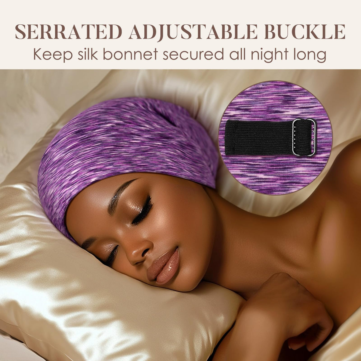 LULUSILK sleep cap worn by model showing comfortable overnight protection