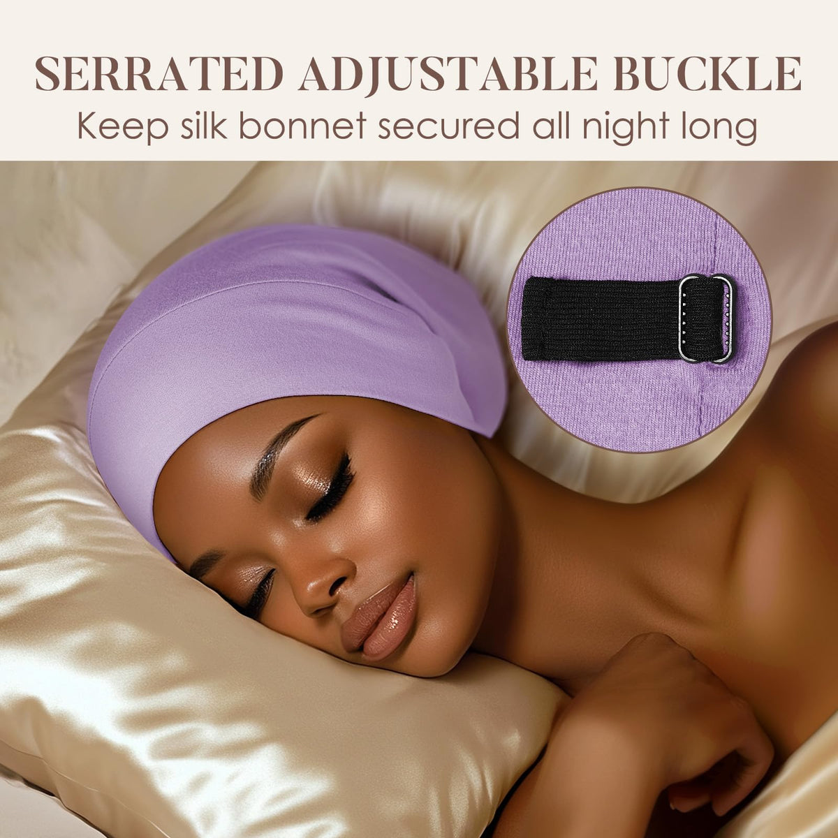 LULUSILK bonnet worn by model in profile, comfortable fit and hair preserved overnight