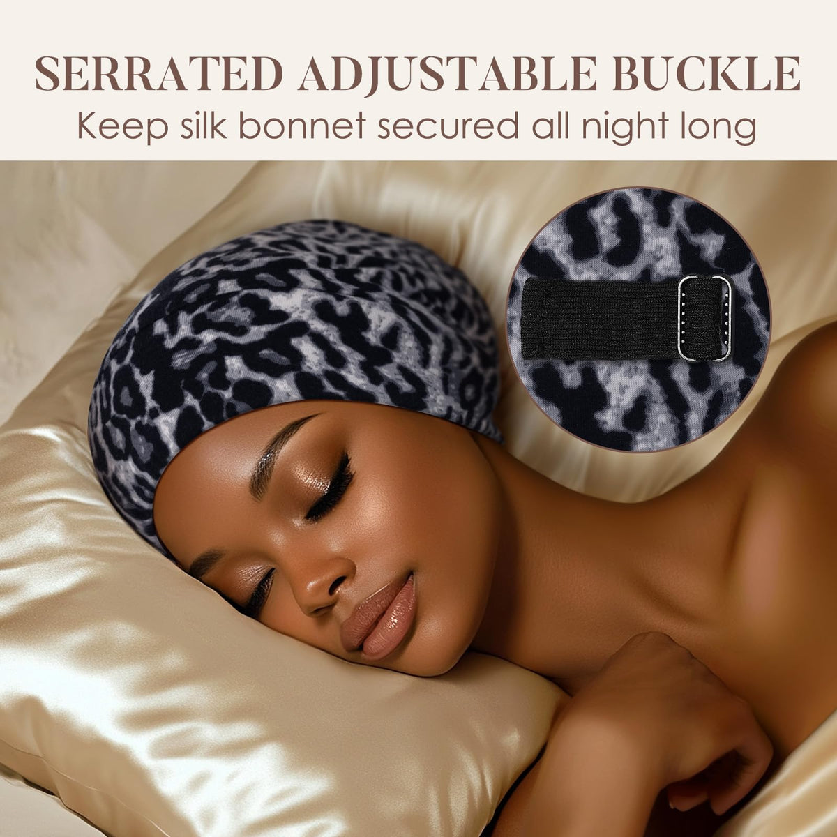 LULUSILK elastic band shown on model, stays on all night comfortably