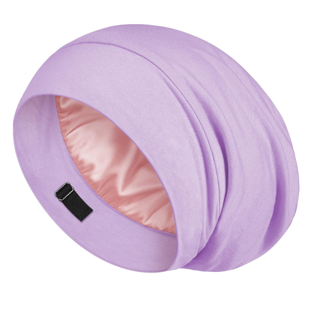 LULUSILK sleep cap front view showing lavender color and neat fit, protects hair overnight