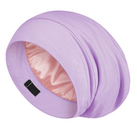 LULUSILK sleep cap front view showing lavender color and neat fit, protects hair overnight