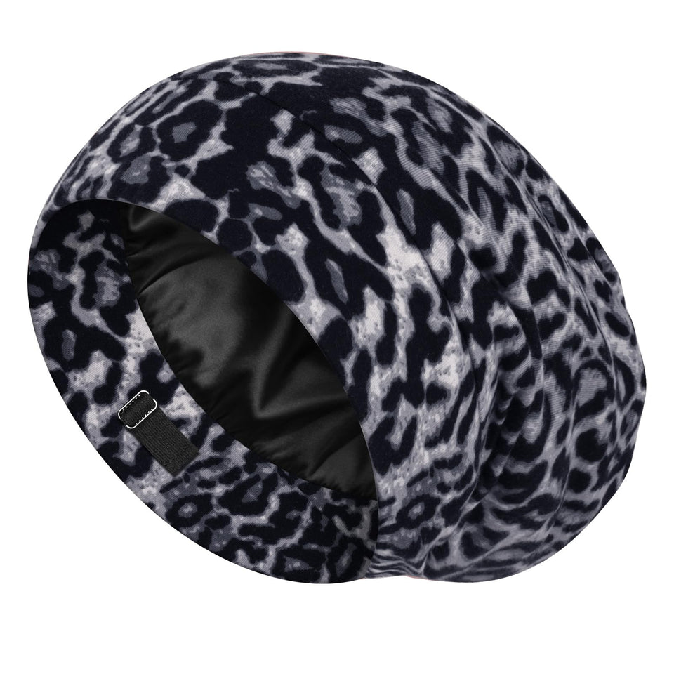 LULUSILK front packaging showing black leopard cap, protects hair overnight