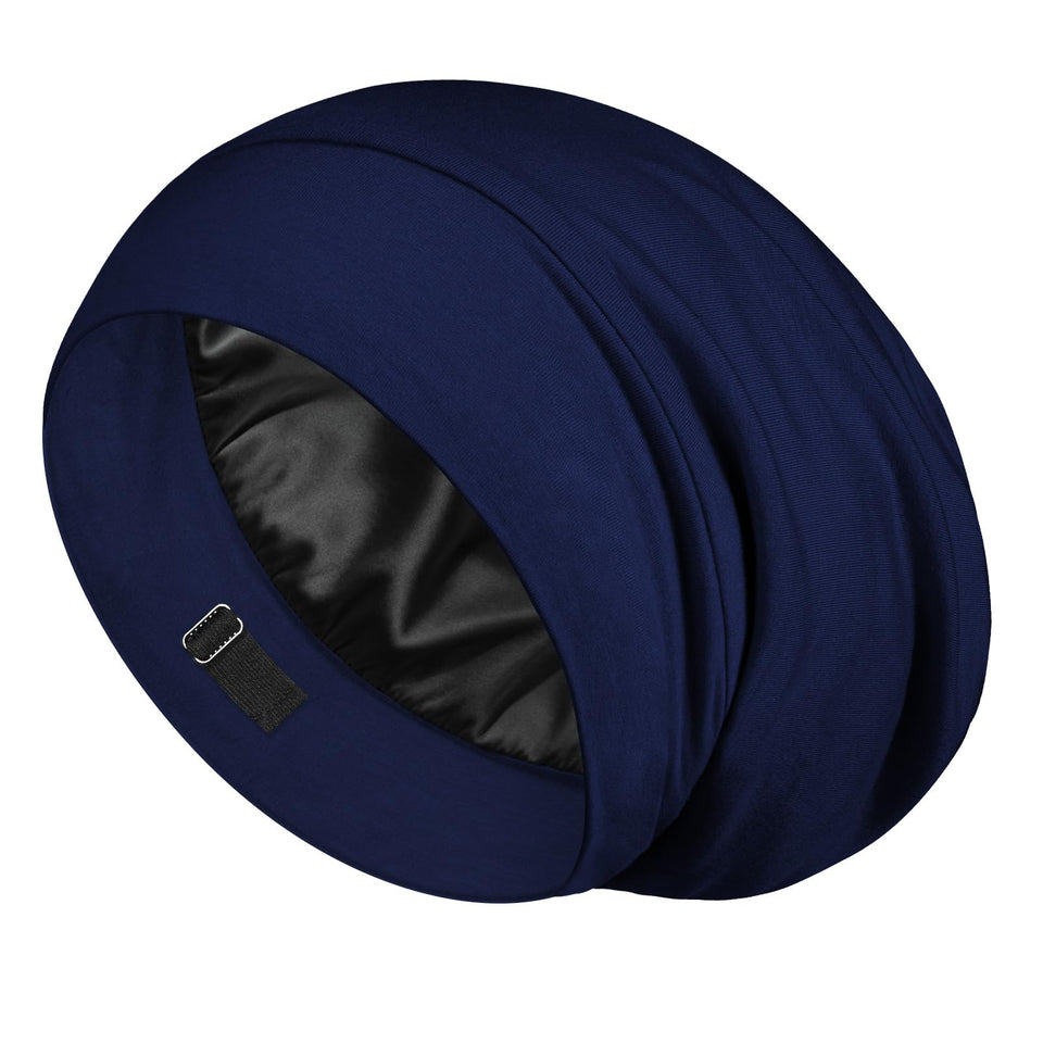 LULUSILK front view of navy-blue sleep cap in packaging showing neat finish and gift-ready look