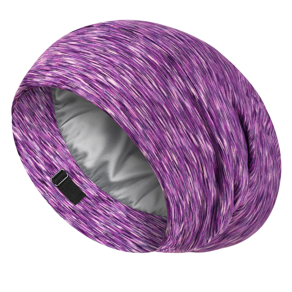 LULUSILK front view of purple sleep cap showing neat shape and protective fit