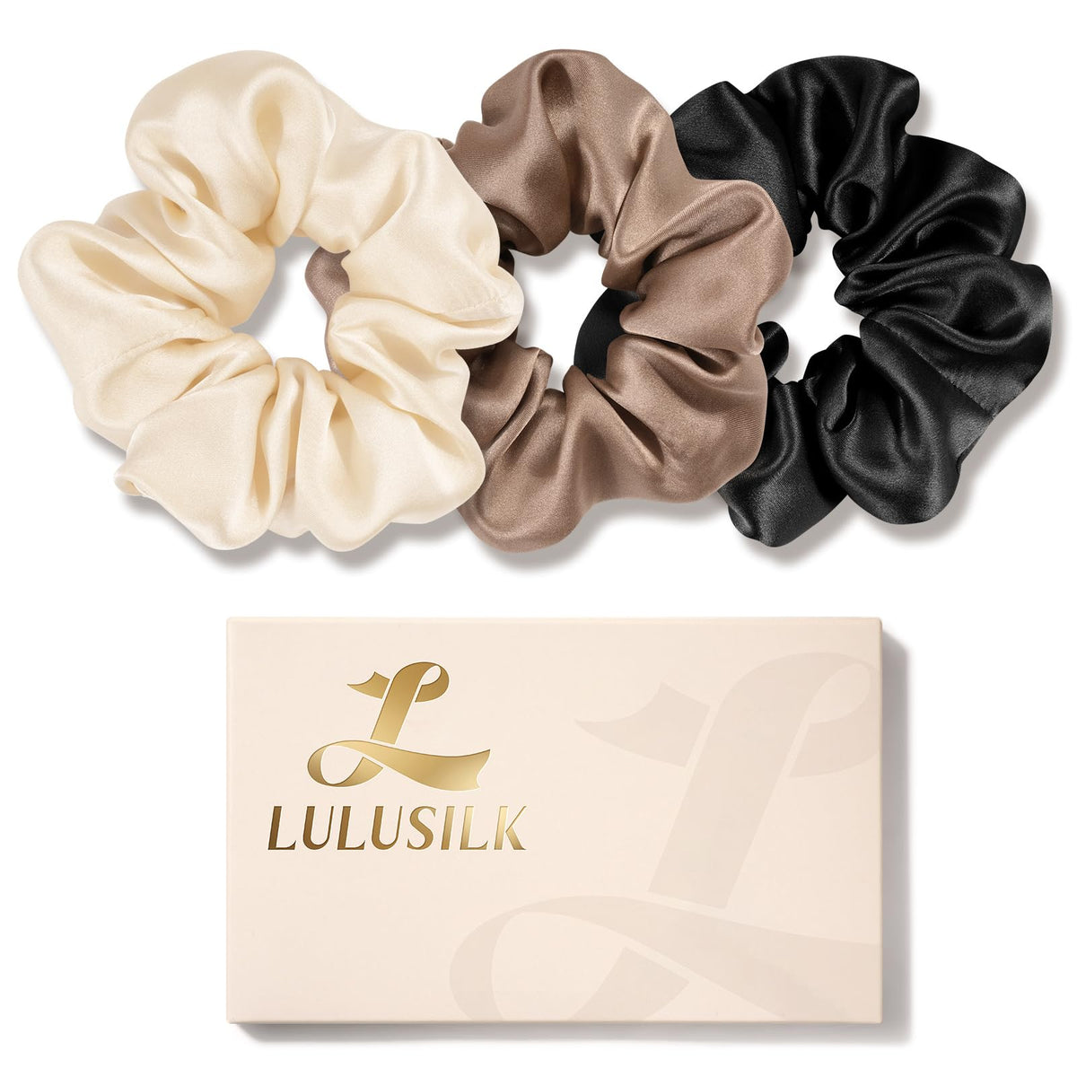 LULUSILK front packaging showing three silk scrunchies and brand clarity