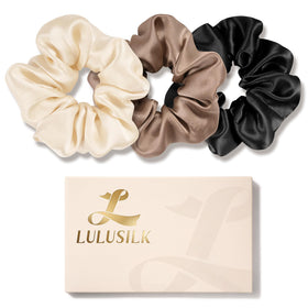LULUSILK front packaging showing three silk scrunchies and brand clarity