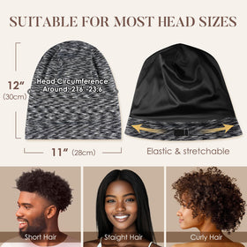 LULUSILK model wearing dark grey cap demonstrating staying-on benefit