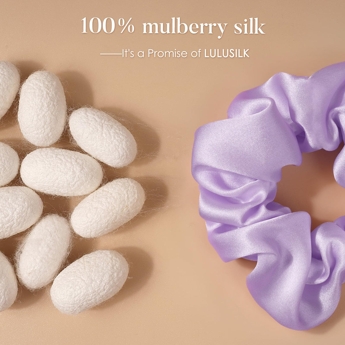 LULUSILK lavender pink scrunchie close-up showing smooth silk texture and gentle protection