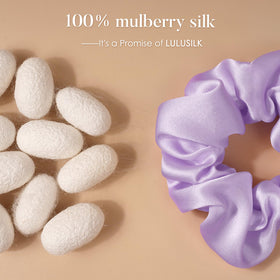 LULUSILK lavender pink scrunchie close-up showing smooth silk texture and gentle protection