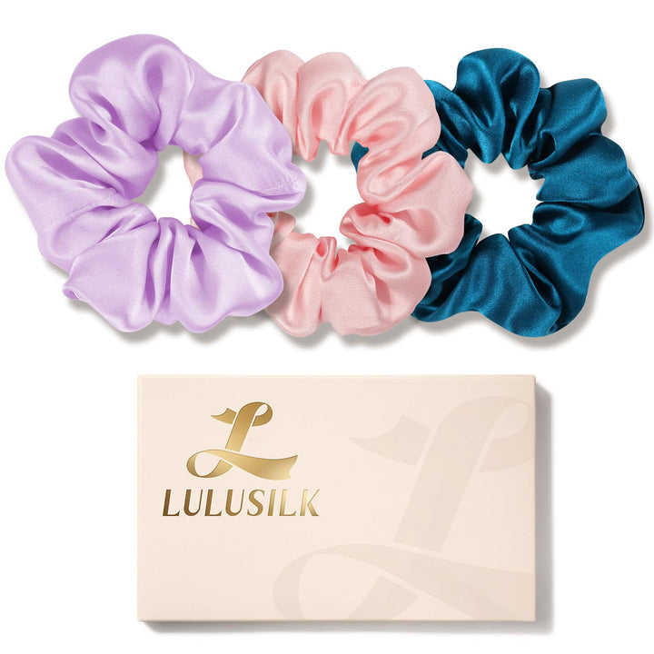 LULUSILK front view of three silk scrunchies showing colors and soft look