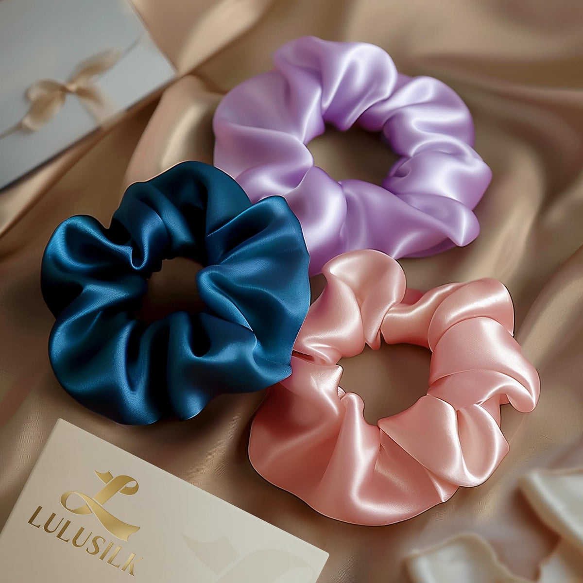 LULUSILK scrunchies presented in gift-ready package conveying thoughtful present idea