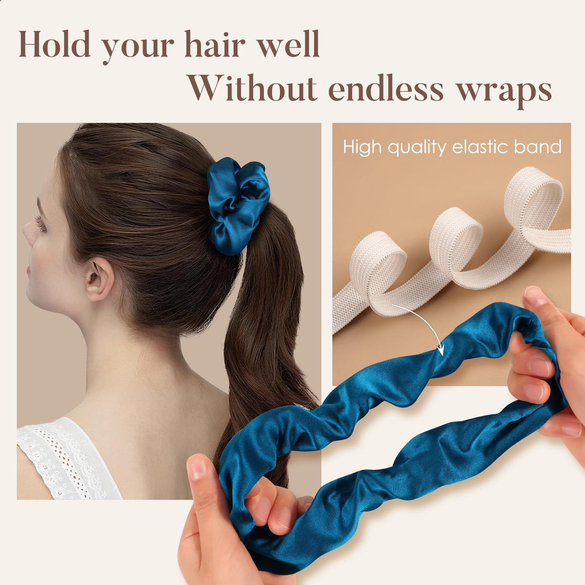 LULUSILK scrunchie worn in pineapple sleep style showing comfortable overnight hold