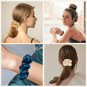LULUSILK scrunchies next to a hand to show size and easy handling benefit