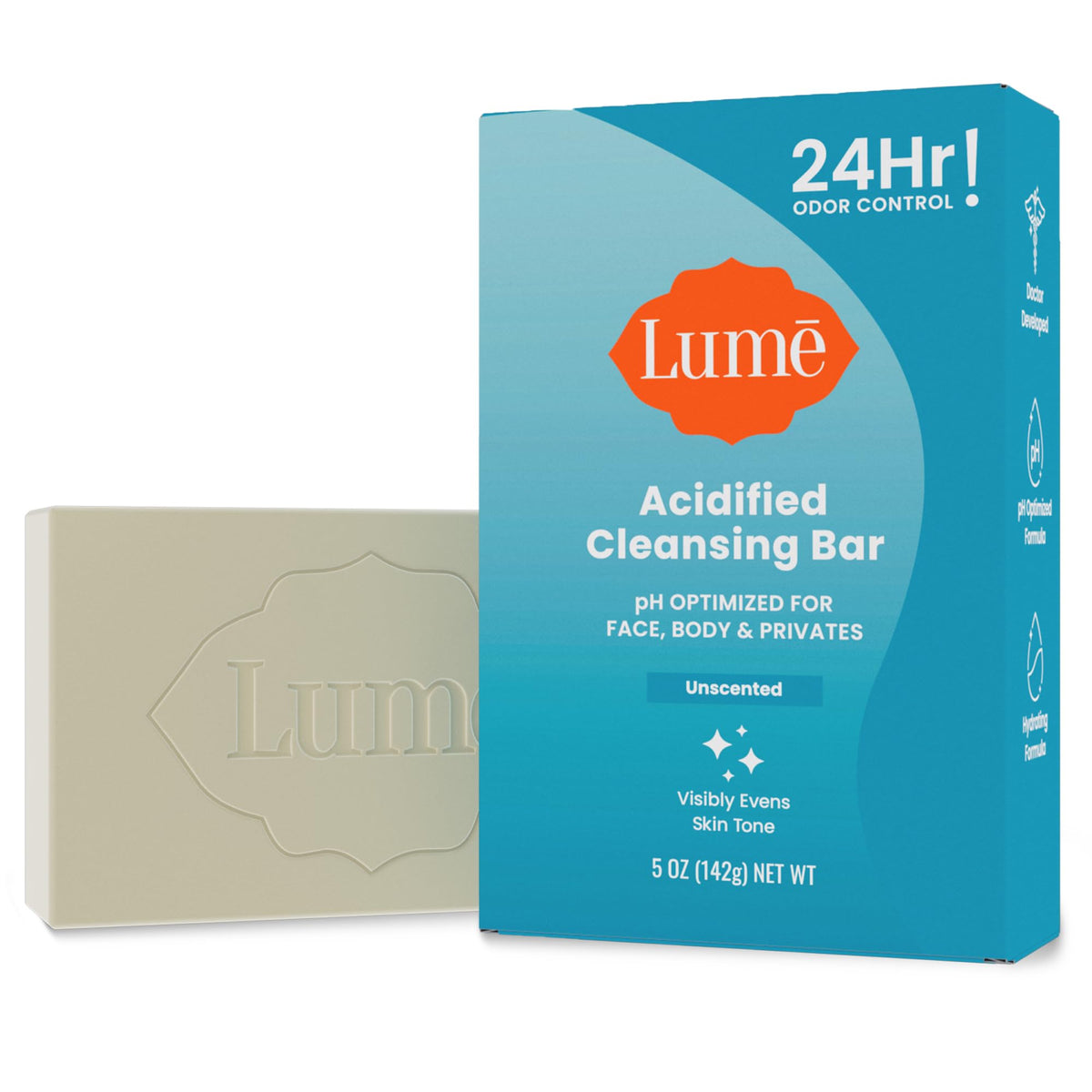 Lume acidified bar front packaging showing product and unscented label benefit