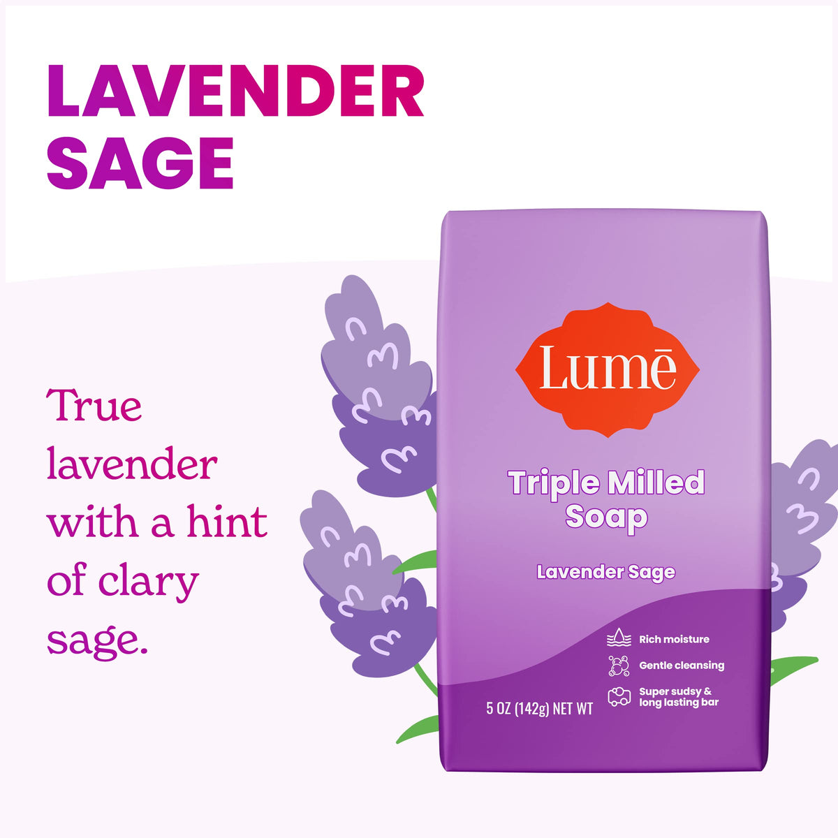 Hand holding Lume bar with rich foam to demonstrate lathering and gentle cleansing benefit