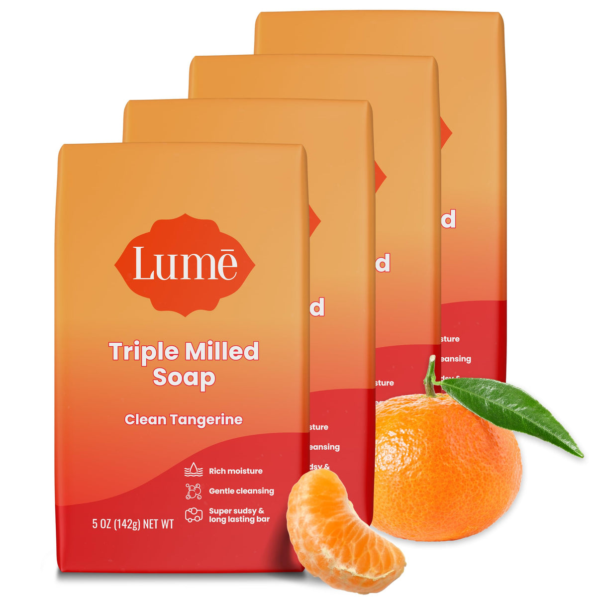 Lume Clean Tangerine front packaging showing four 5 ounce bars and bright citrus branding for longer-lasting moisture