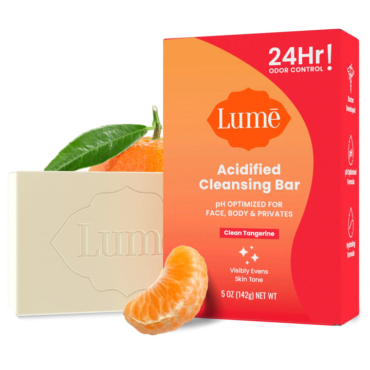Lume Clean Tangerine front packaging showing 5 oz bar and scent benefits