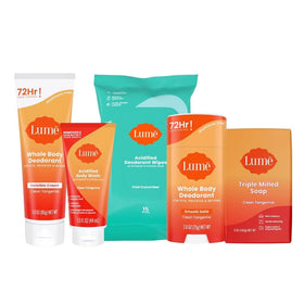 Lume front packaging showing Clean Tangerine gift set and contents benefiting full-body odor control