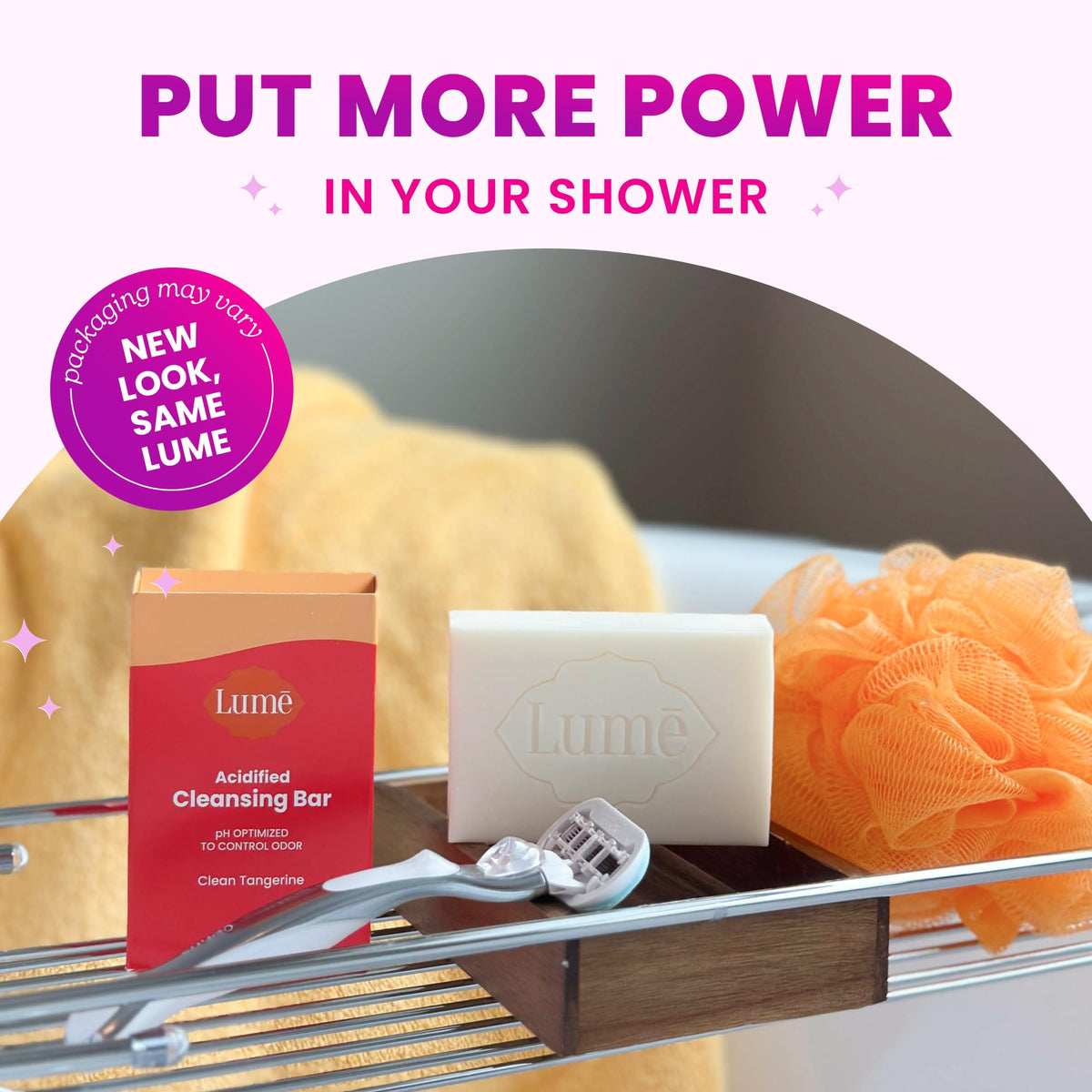 flatlay of Lume packaging and bar emphasizing scent and pH‑optimized formula