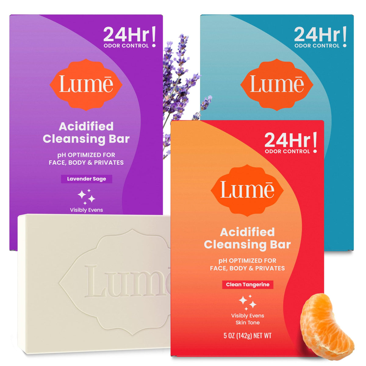 Lume three-bar front packaging showing scent variety and benefits