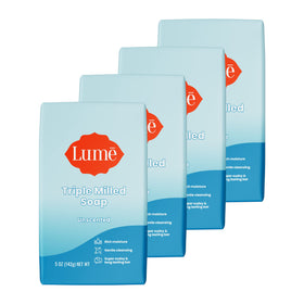 Lume pack of four unscented bars showing packaging and convenience
