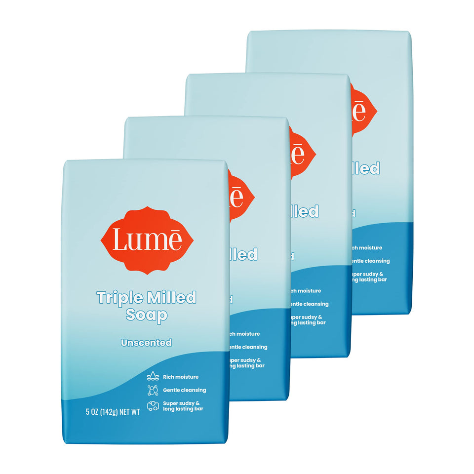 Lume pack of four unscented bars showing packaging and convenience