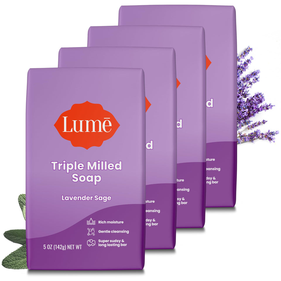 Lume front packaging showing four Lavender Sage bars and clear labeling benefit longevity