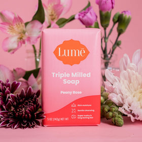 Lume Peony Rose bar on bathroom shelf adding light floral ambience