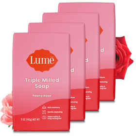 Lume front packaging showing four Peony Rose bars and product benefits