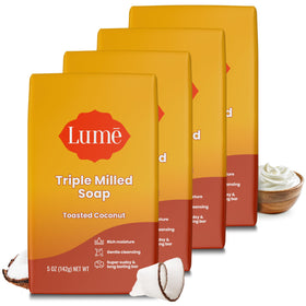 Lume toasted coconut front packaging showing scent and four-bar benefit
