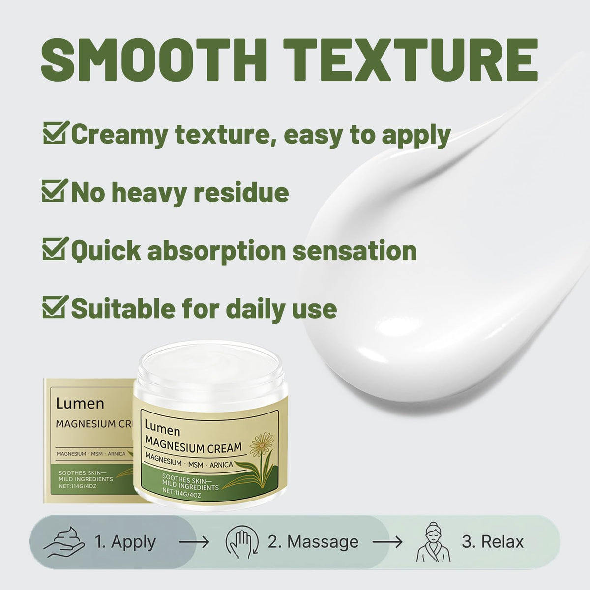 Lumen Magnesium Cream label close-up highlighting magnesium MSM and arnica ingredients