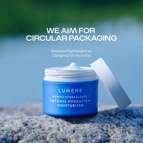 Lumene jar next to common objects illustrating 50 ml size and easy storage